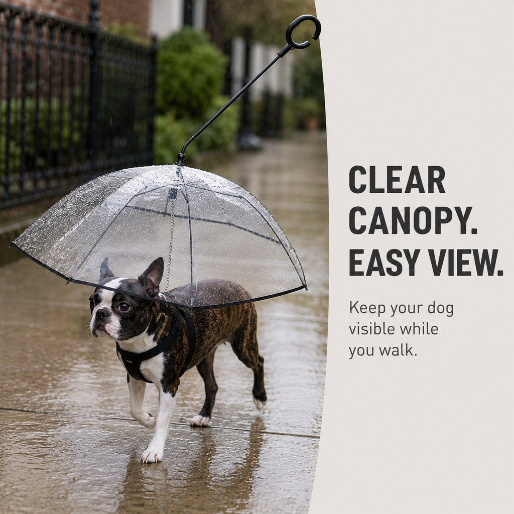 Malloren Clear Dog Umbrella with Built-In Leash for Rainy Walks & Potty Breaks - Helps Reduce Wet-Coat Cleanup for Small Dogs