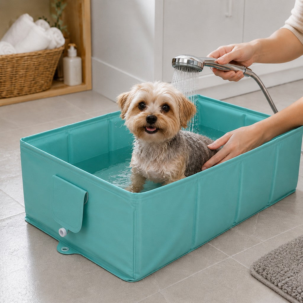 Malloren Collapsible Pet Bathtub with Drain Plug for Cats & Small Dogs - Easy At-Home Baths, Folds Flat for Storage