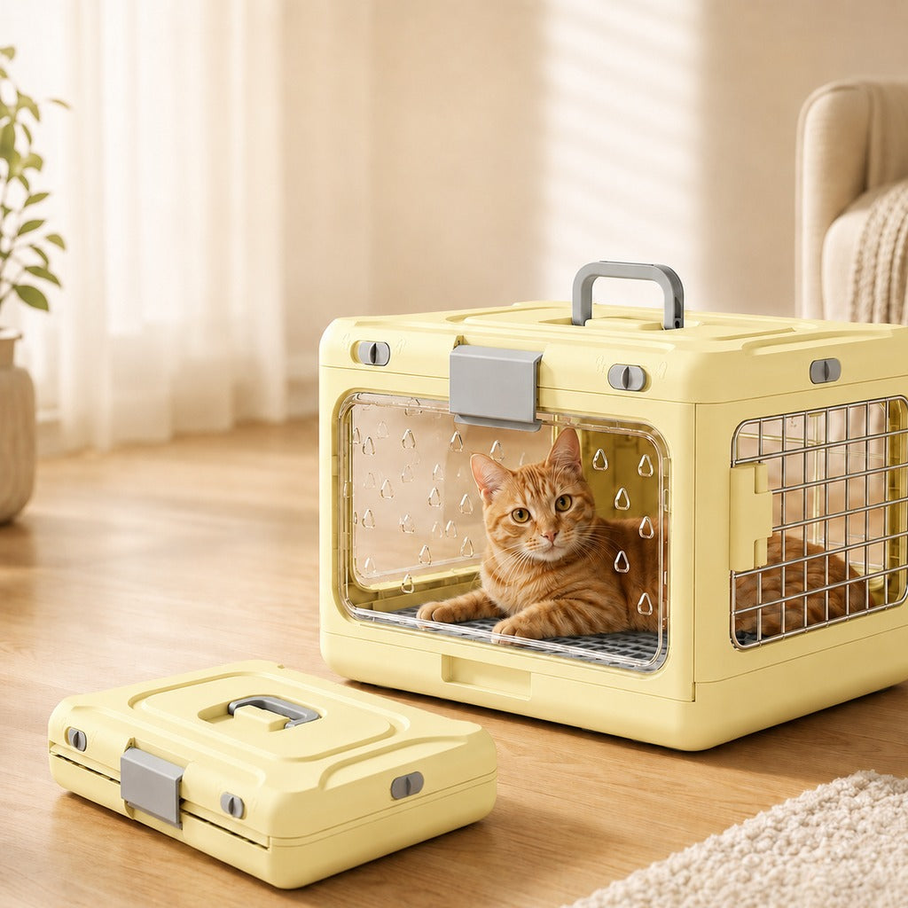 Malloren Collapsible Pet Travel Carrier for Vet Visits & Road Trips - Fold-Flat Hard Crate That Saves Space