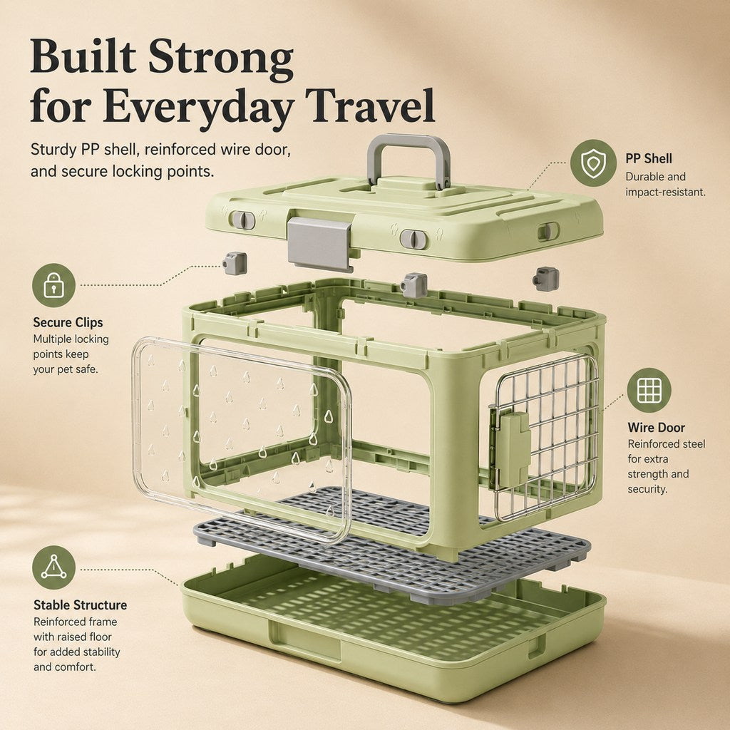 Malloren Collapsible Pet Travel Carrier for Vet Visits & Road Trips - Fold-Flat Hard Crate That Saves Space