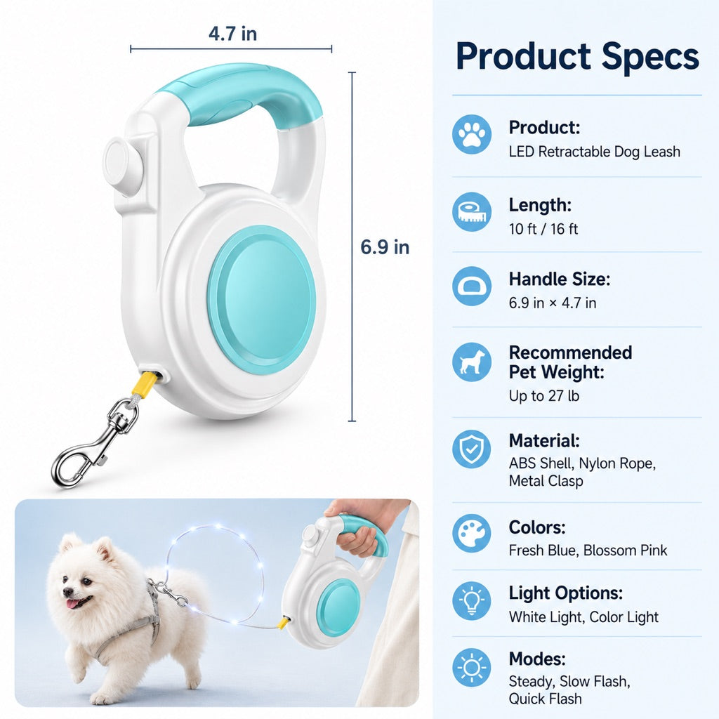 Malloren Rechargeable Light-Up Retractable Dog Leash for Night Walks - Helps Small Dogs Stay Visible & Easy to Control