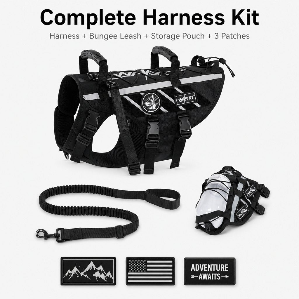 Malloren Outdoor Dog Harness & Bungee Leash Set with Dual Handles, Storage Pouch & Patch Accessories for Hiking, Walking and Everyday Adventures