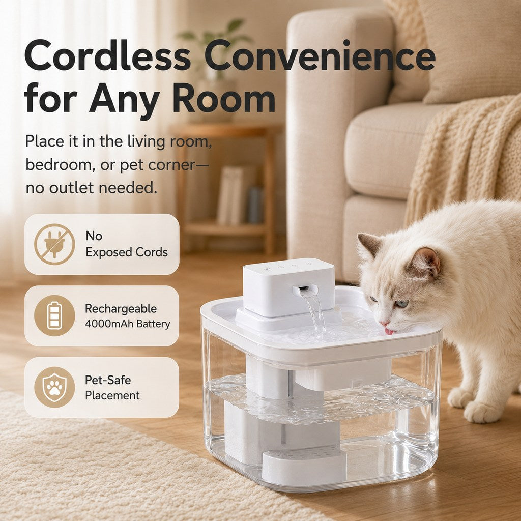 Malloren Cordless Motion Sensor Cat Water Fountain for Any Room - 3.1L Fresh Water Without Cords