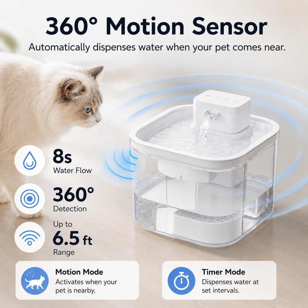Malloren Cordless Motion Sensor Cat Water Fountain for Any Room - 3.1L Fresh Water Without Cords