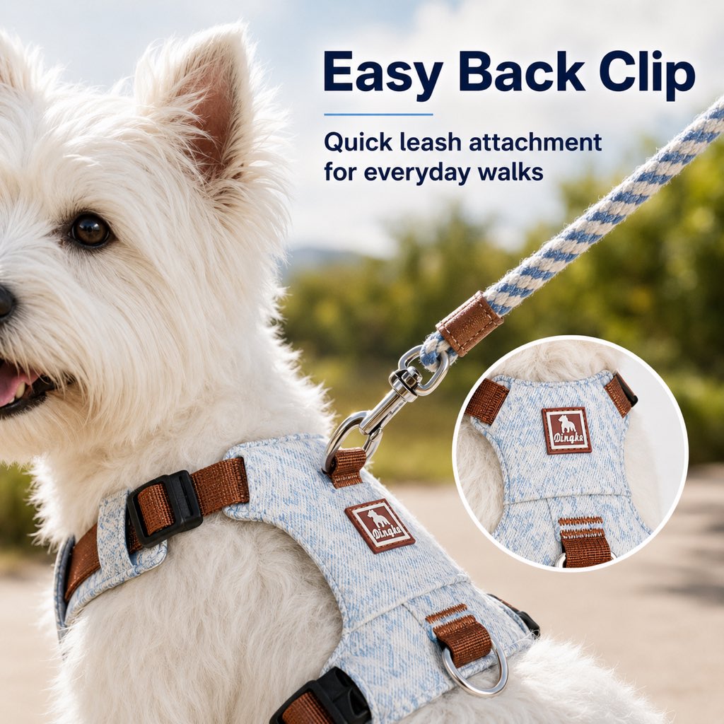 Malloren Vintage Denim No-Pull Dog Harness &5 ft Rope Leash Set - Soft Adjustable Vest for Everyday Walks, Better Control & Low-Light Visibility