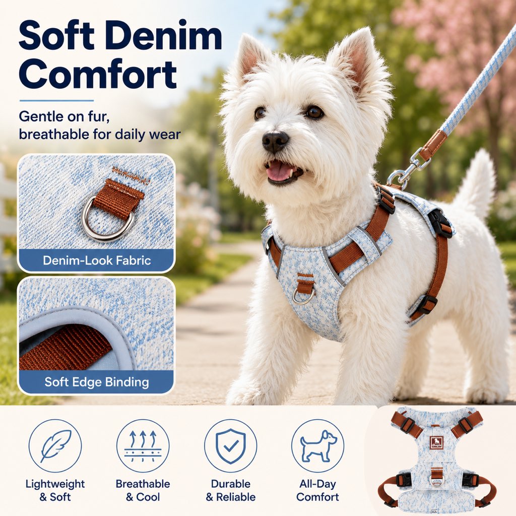 Malloren Vintage Denim No-Pull Dog Harness &5 ft Rope Leash Set - Soft Adjustable Vest for Everyday Walks, Better Control & Low-Light Visibility