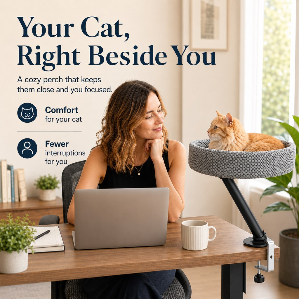 Malloren Desk Mounted Cat Bed Perch for Home Office - Space Saving Elevated Cat Lounger with Soft Breathable Fabric for Cats to Relax Beside Your Workspace