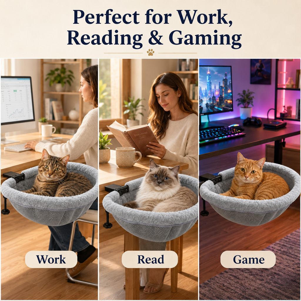 Malloren Desk-Mounted Cat Bed for Home Offices - Space-Saving Clamp-On Cat Hammock