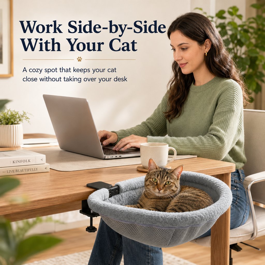 Malloren Desk-Mounted Cat Bed for Home Offices - Space-Saving Clamp-On Cat Hammock