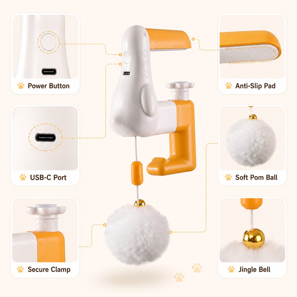 Malloren Desk Clamp Automatic Cat Teaser Toy - Keep Indoor Cats Busy While You Work