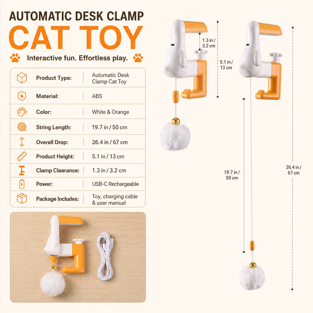 Malloren Desk Clamp Automatic Cat Teaser Toy - Keep Indoor Cats Busy While You Work