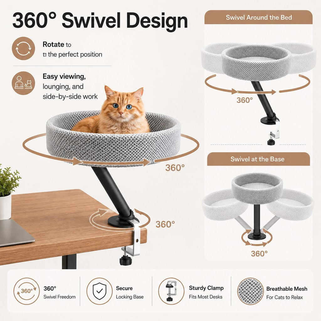 Malloren Desk Mounted Cat Bed Perch for Home Office - Space Saving Elevated Cat Lounger with Soft Breathable Fabric for Cats to Relax Beside Your Workspace