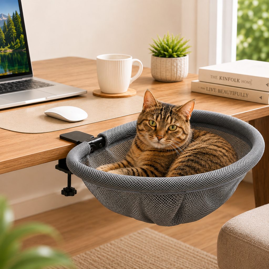 Malloren Desk-Mounted Cat Bed for Home Offices - Space-Saving Clamp-On Cat Hammock