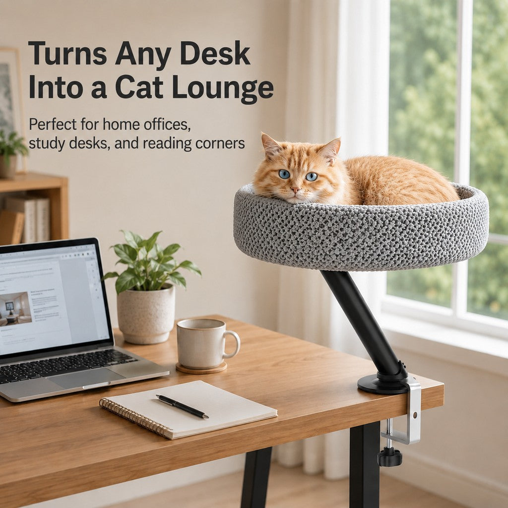 Malloren Desk Mounted Cat Bed Perch for Home Office - Space Saving Elevated Cat Lounger with Soft Breathable Fabric for Cats to Relax Beside Your Workspace