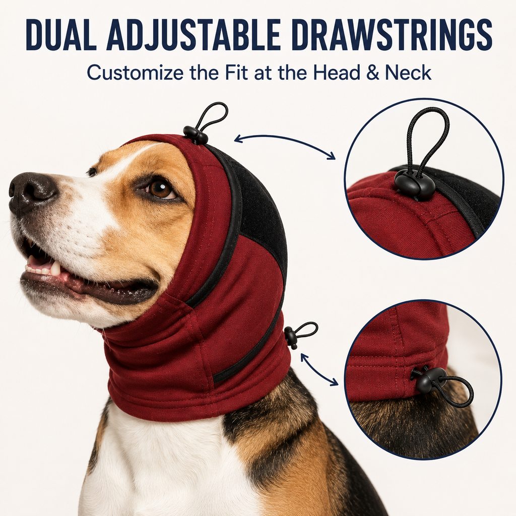 Malloren Adjustable Dog Calming Hoodie Ear Wrap for Fireworks, Thunderstorms & Grooming - Helps Soften Sudden Sounds with a Secure Fit