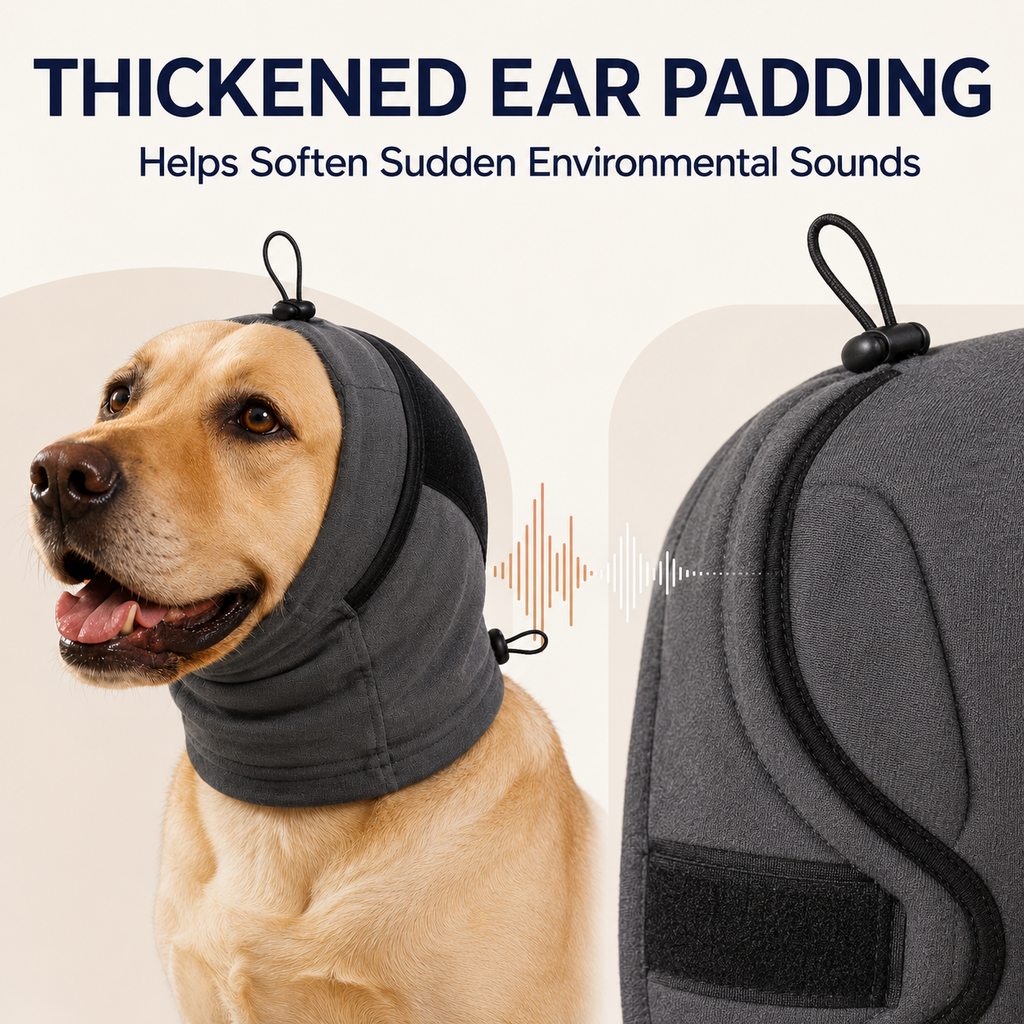 Malloren Adjustable Dog Calming Hoodie Ear Wrap for Fireworks, Thunderstorms & Grooming - Helps Soften Sudden Sounds with a Secure Fit