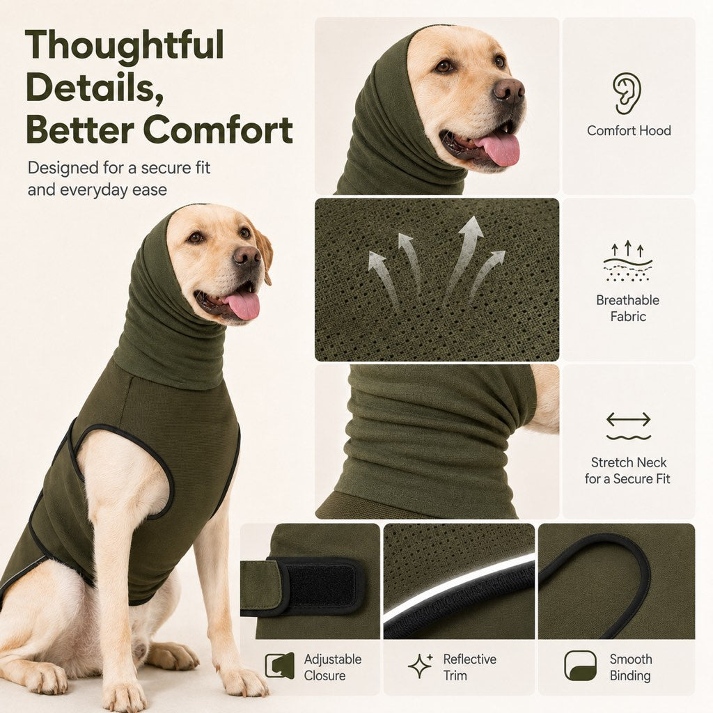 Malloren Dog Calming Shirt for Fireworks & Thunderstorms - Anxiety Relief Wrap with Ear-Covering Hood for Vet Visits, Travel & Night Walks
