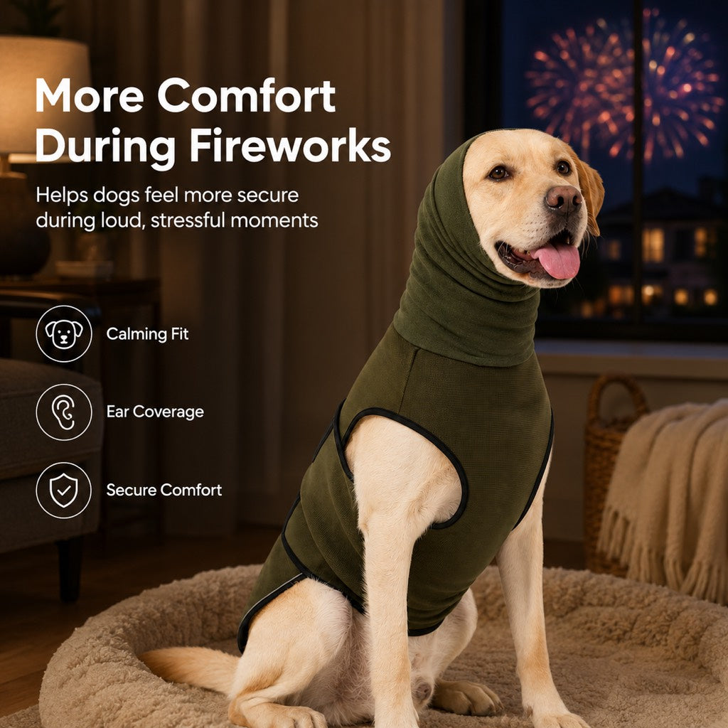 Malloren Dog Calming Shirt for Fireworks & Thunderstorms - Anxiety Relief Wrap with Ear-Covering Hood for Vet Visits, Travel & Night Walks