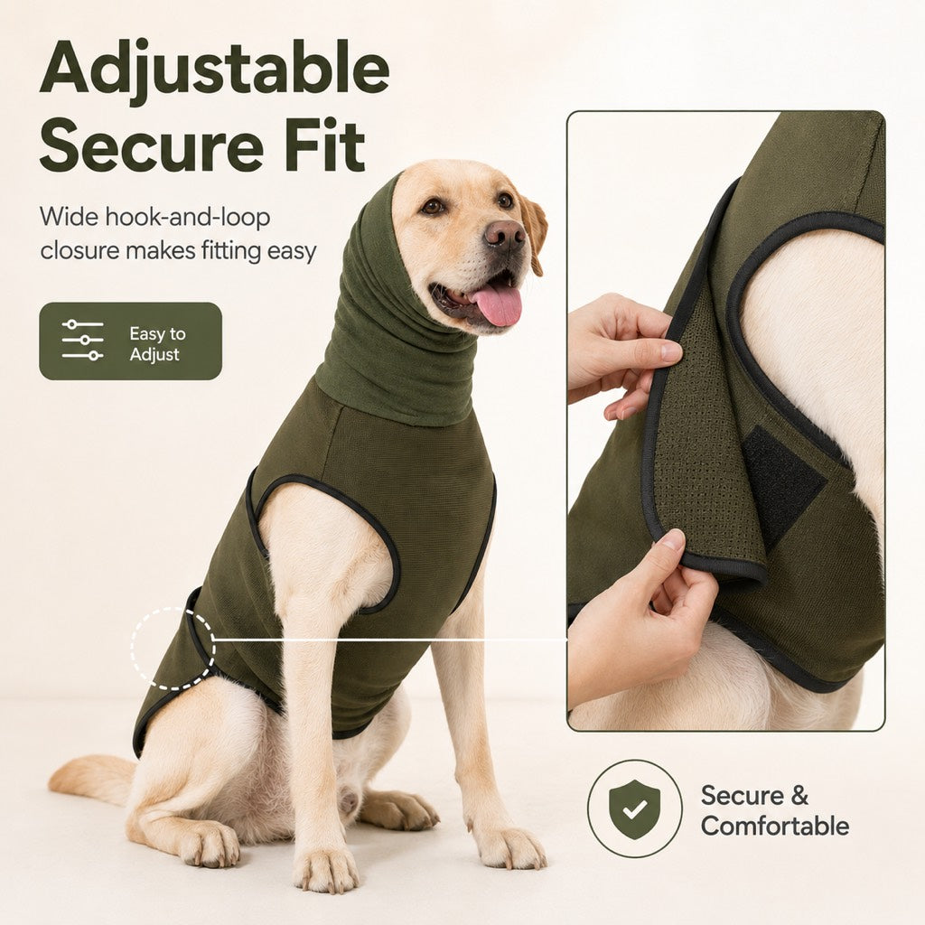 Malloren Dog Calming Shirt for Fireworks & Thunderstorms - Anxiety Relief Wrap with Ear-Covering Hood for Vet Visits, Travel & Night Walks