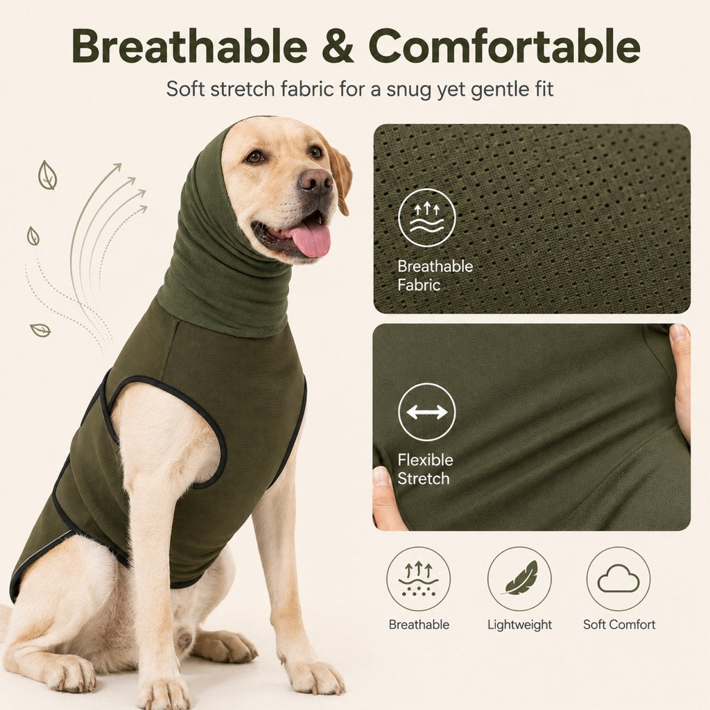 Malloren Dog Calming Shirt for Fireworks & Thunderstorms - Anxiety Relief Wrap with Ear-Covering Hood for Vet Visits, Travel & Night Walks