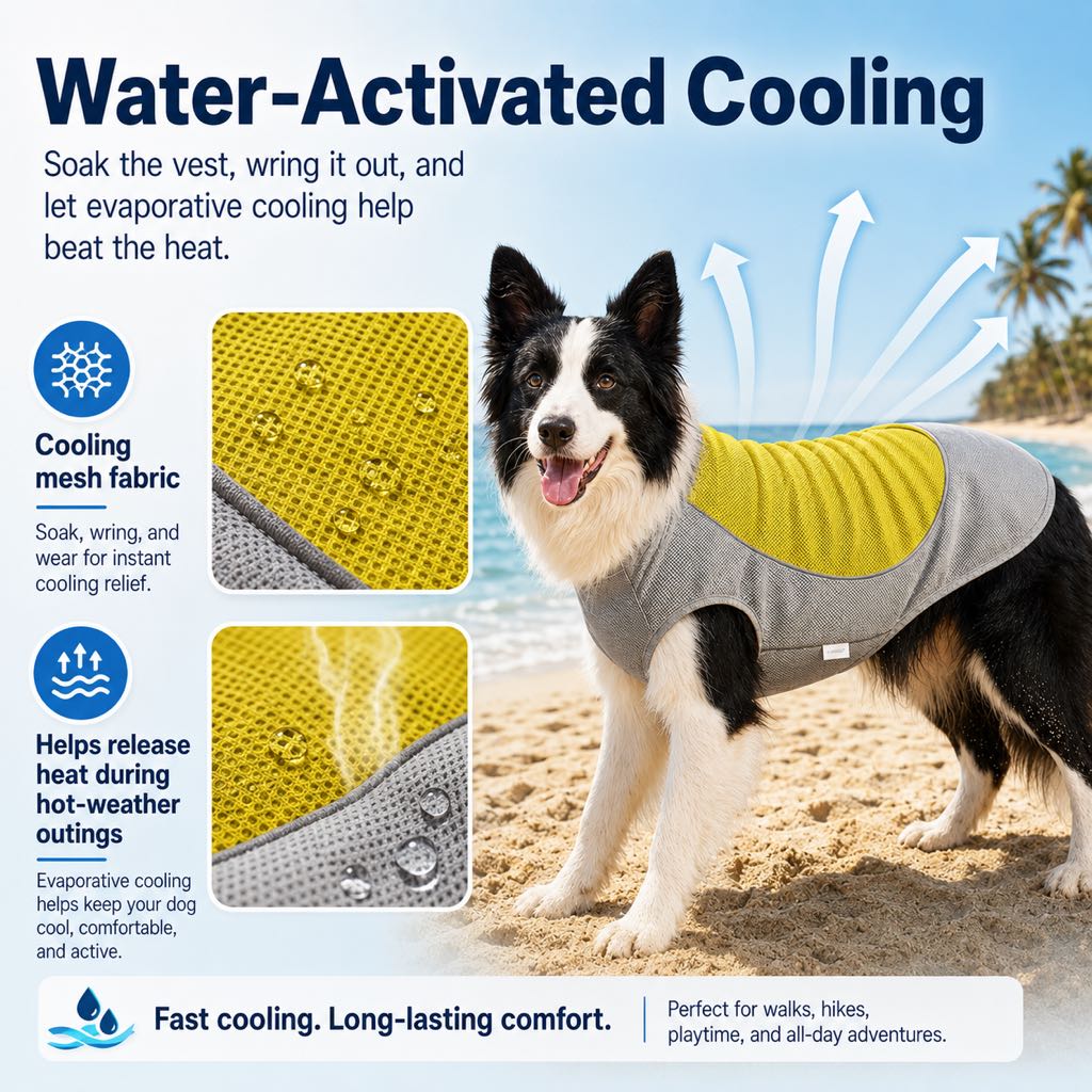 Malloren Water-Activated Dog Cooling Vest for Summer Walks & Hikes - Breathable Heat-Relief Vest with Ice Pack Pocket
