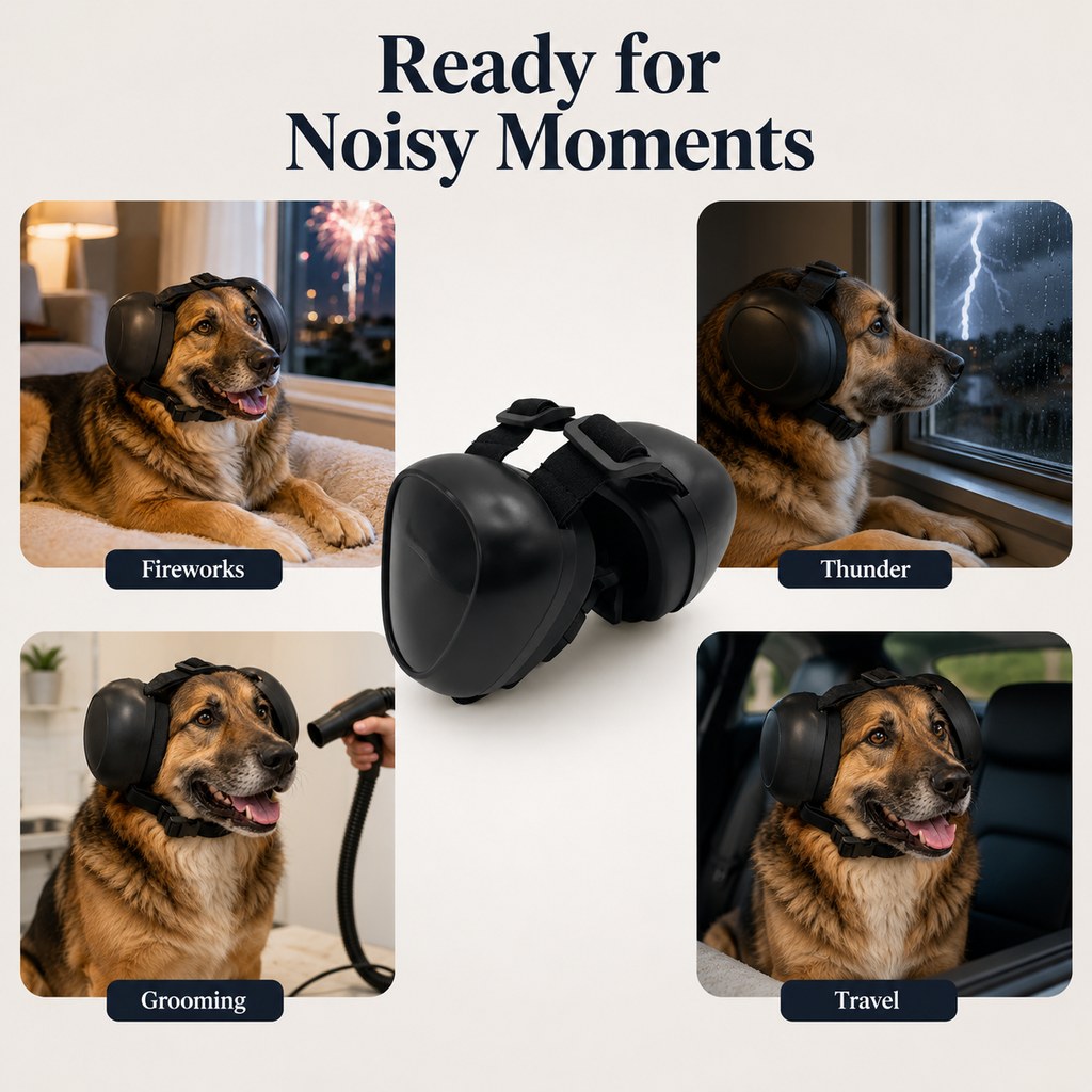 Malloren Dog Noise-Reducing Ear Muffs for Fireworks, Thunderstorms & Grooming - Adjustable Anxiety Comfort Ear Protection for Medium & Large Dogs