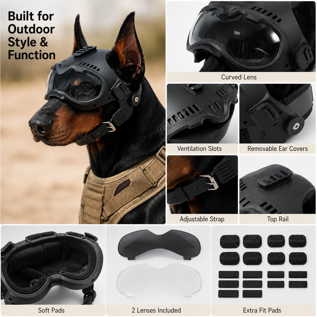 Malloren K9 Tactical-Style Dog Helmet with Goggles for Hiking & Outdoor Training - Helps Shield Eyes from Wind, Dust & Trail Debris