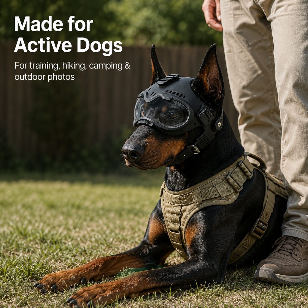 Malloren K9 Tactical-Style Dog Helmet with Goggles for Hiking & Outdoor Training - Helps Shield Eyes from Wind, Dust & Trail Debris