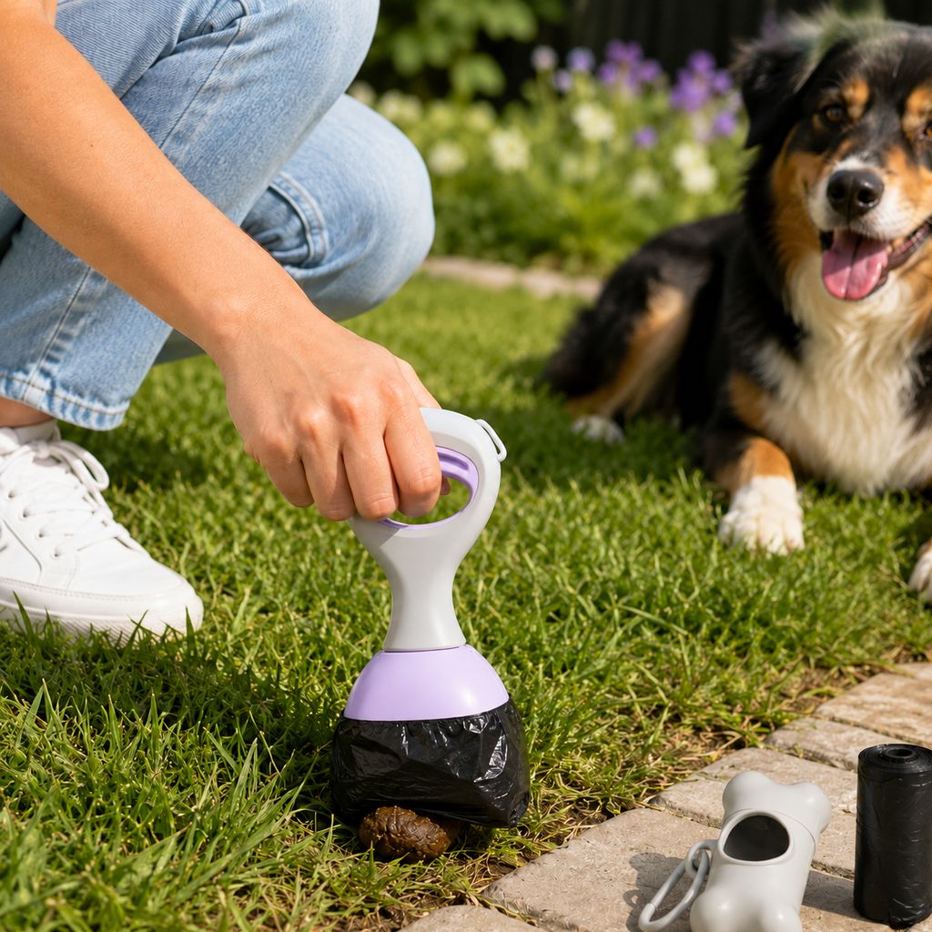 Malloren Dog Pooper Scooper for Walks & Yard Cleanup - Bag-Lined Claw with 3 Handle Lengths for Less-Contact Pickup