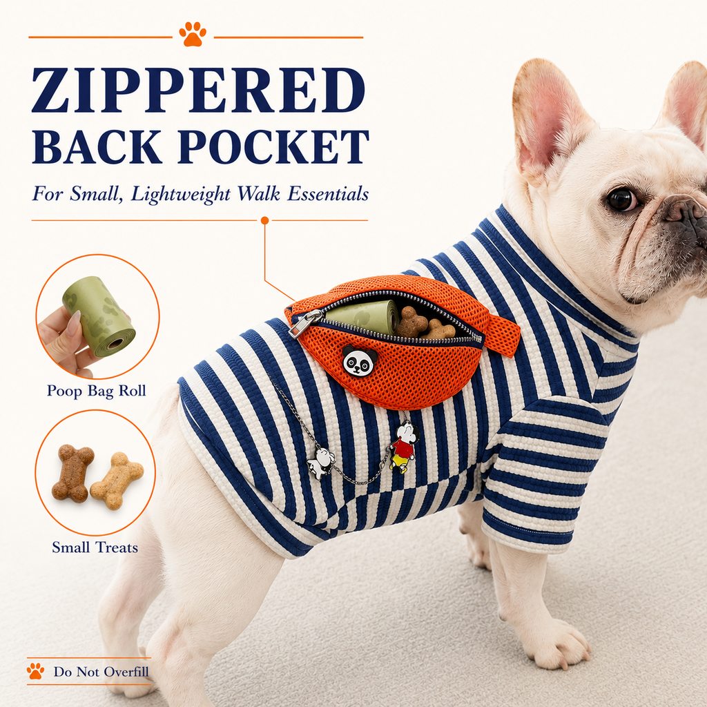Malloren French Bulldog Striped Pocket Pullover for Cool Indoor Spaces & Easy Walks - Broad-Chest Sizing