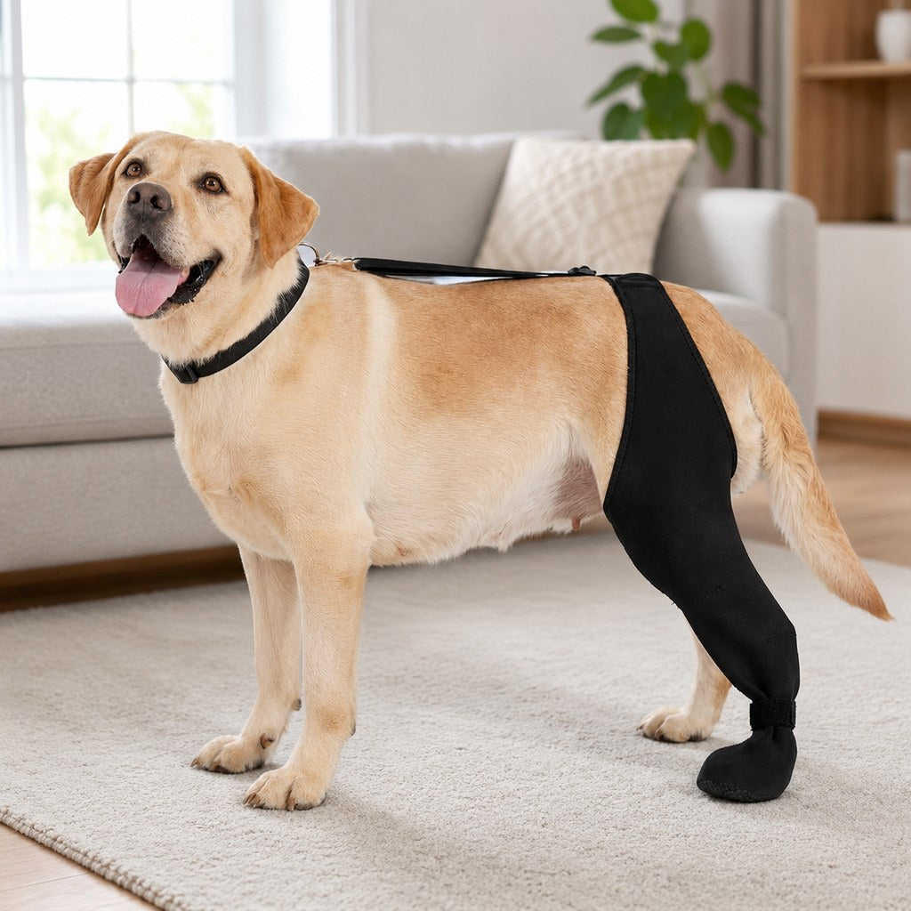 Malloren Adjustable Dog Rear Leg Recovery Sleeve with Paw Cover - Helps Limit Licking During Post-Surgery Rest