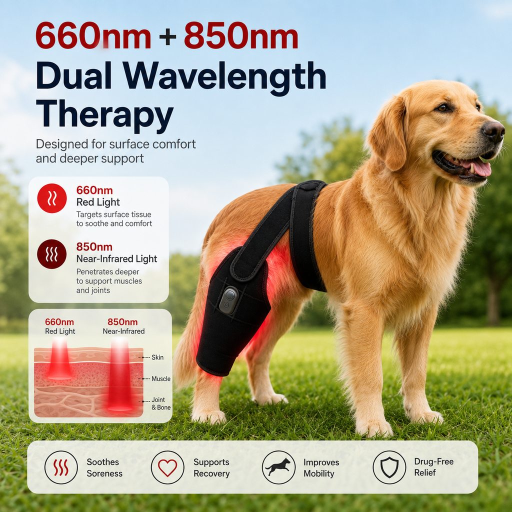 Malloren Red light therapy leg brace for dogs, suitable for senior and active dogs, provides comfort and support for hind legs during activity.