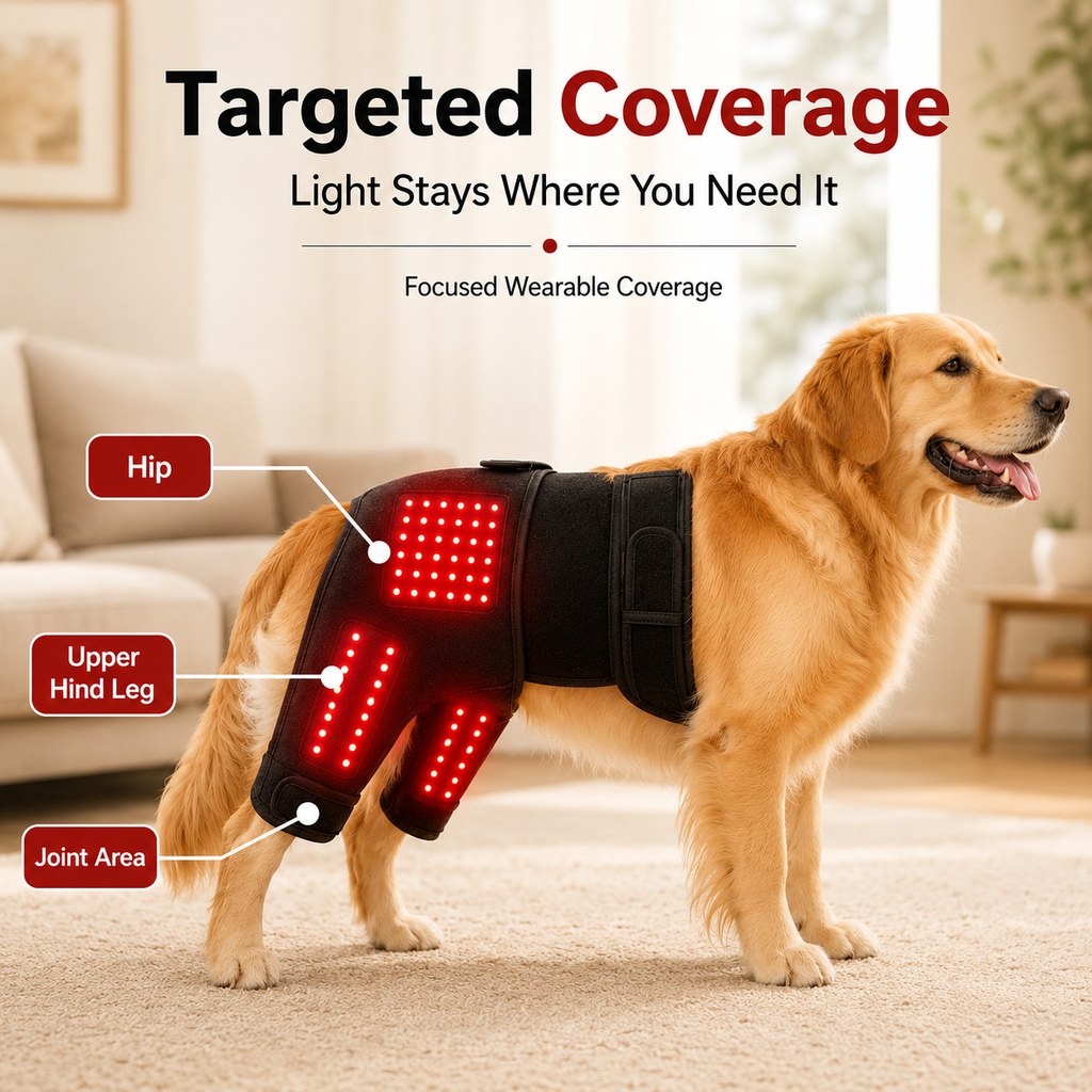 Malloren Wearable red light therapy sleeve for dogs, used for home care of the lower back and hind legs/hips.