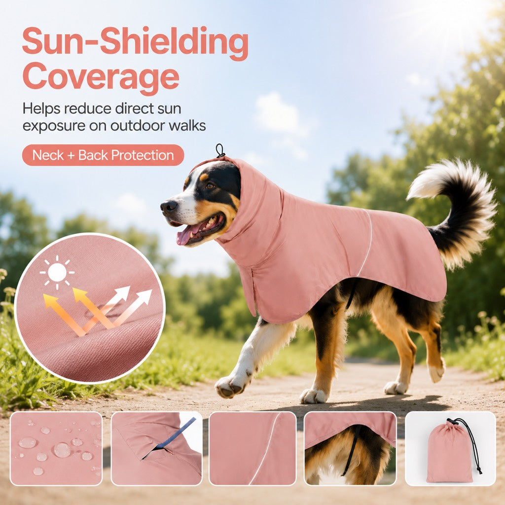 Malloren Hooded Dog Sun & Rain Cape for Summer Walks - Lightweight Neck-to-Back Coverage for Drizzle, Wind & Sunny Outdoor Days