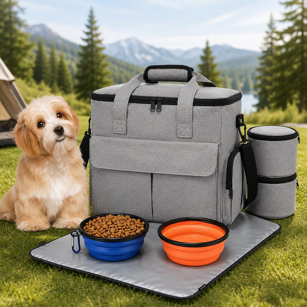 Malloren Pet Travel Bag for Dogs & Cats – Weekend Road Trip Organizer with Collapsible Bowls, Food Storage, Pockets & Luggage Sleeve