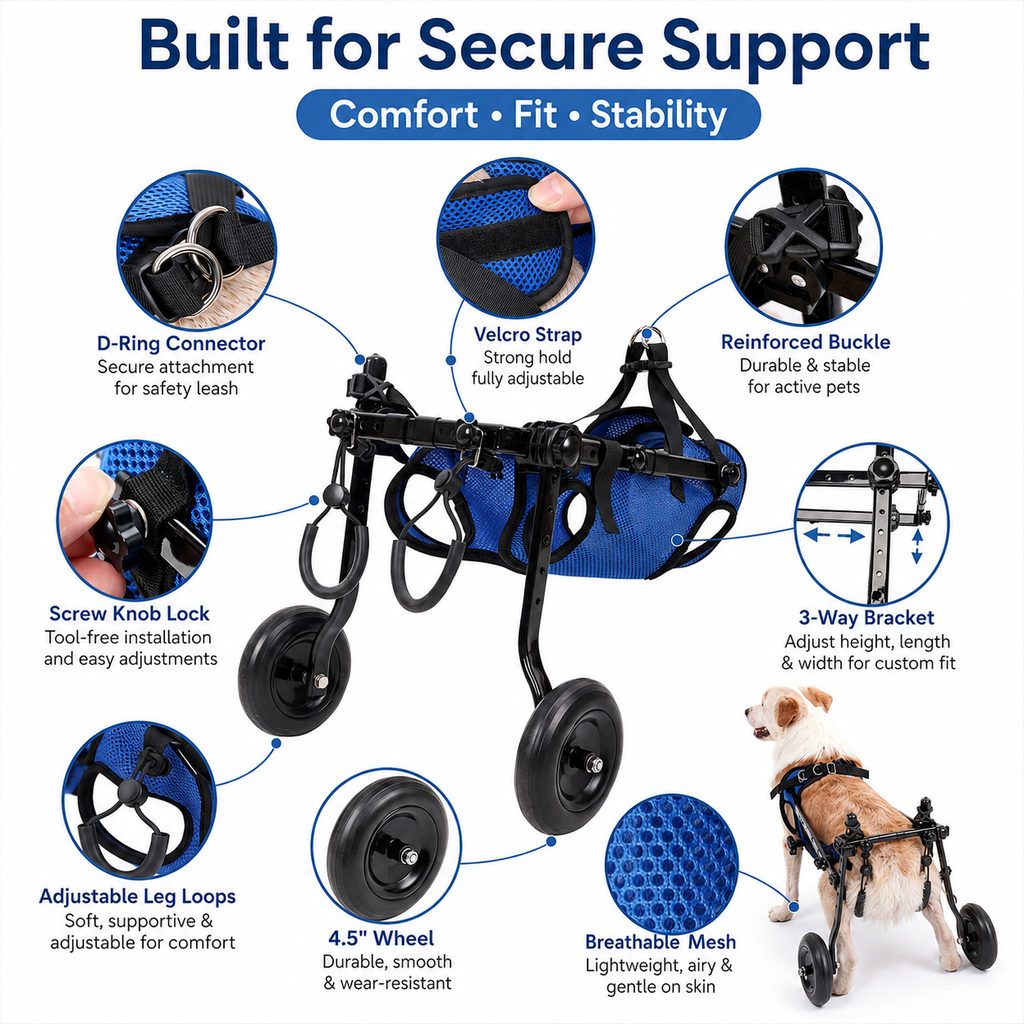 Malloren Adjustable Rear Leg Dog Wheelchair for Daily Walks - Mobility Support Cart for Small Dogs with Weak Back Legs