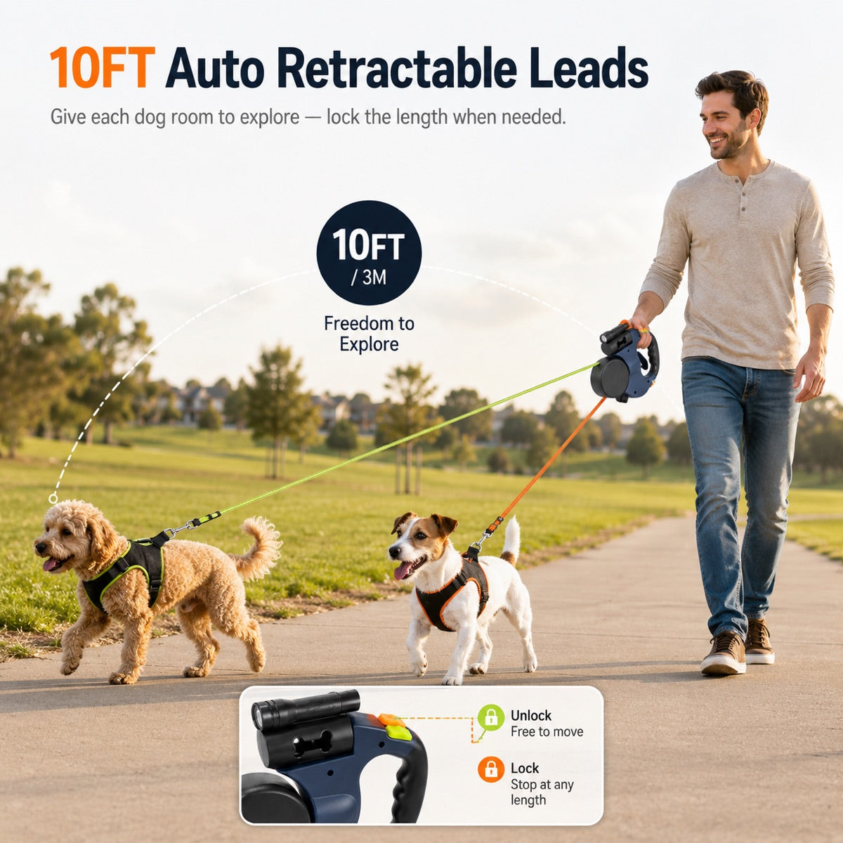 Malloren Dual Dog Leash – 360° Tangle-Free Retractable with LED Light & Built-In Poop Bag Holder