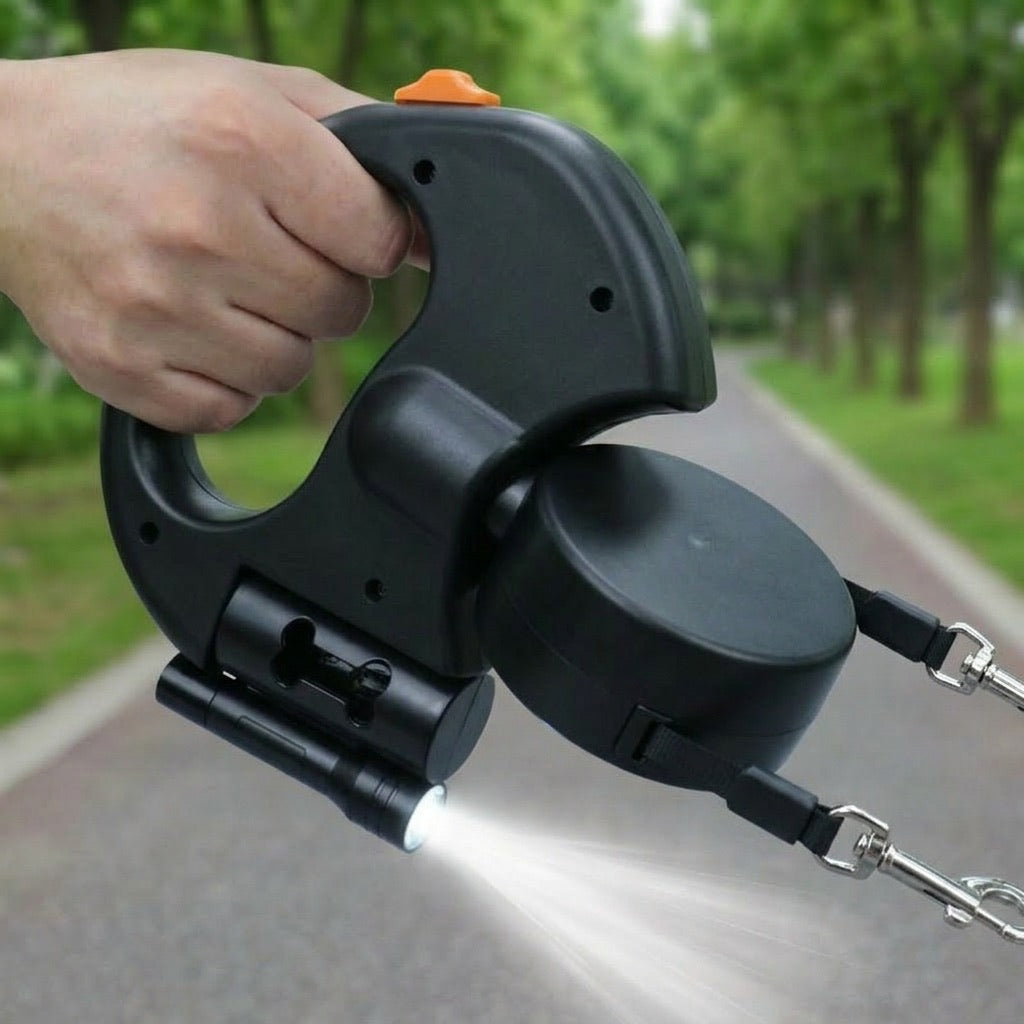 Malloren Dual Dog Leash – 360° Tangle-Free Retractable with LED Light & Built-In Poop Bag Holder