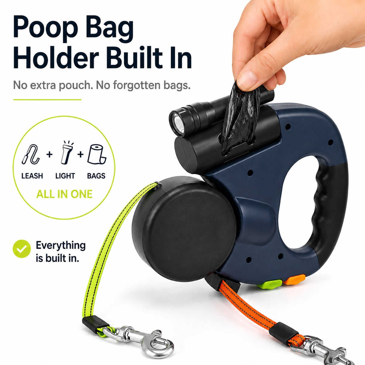 Malloren Dual Dog Leash – 360° Tangle-Free Retractable with LED Light & Built-In Poop Bag Holder