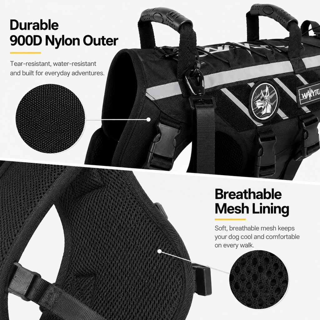 Malloren Outdoor Dog Harness & Bungee Leash Set with Dual Handles, Storage Pouch & Patch Accessories for Hiking, Walking and Everyday Adventures