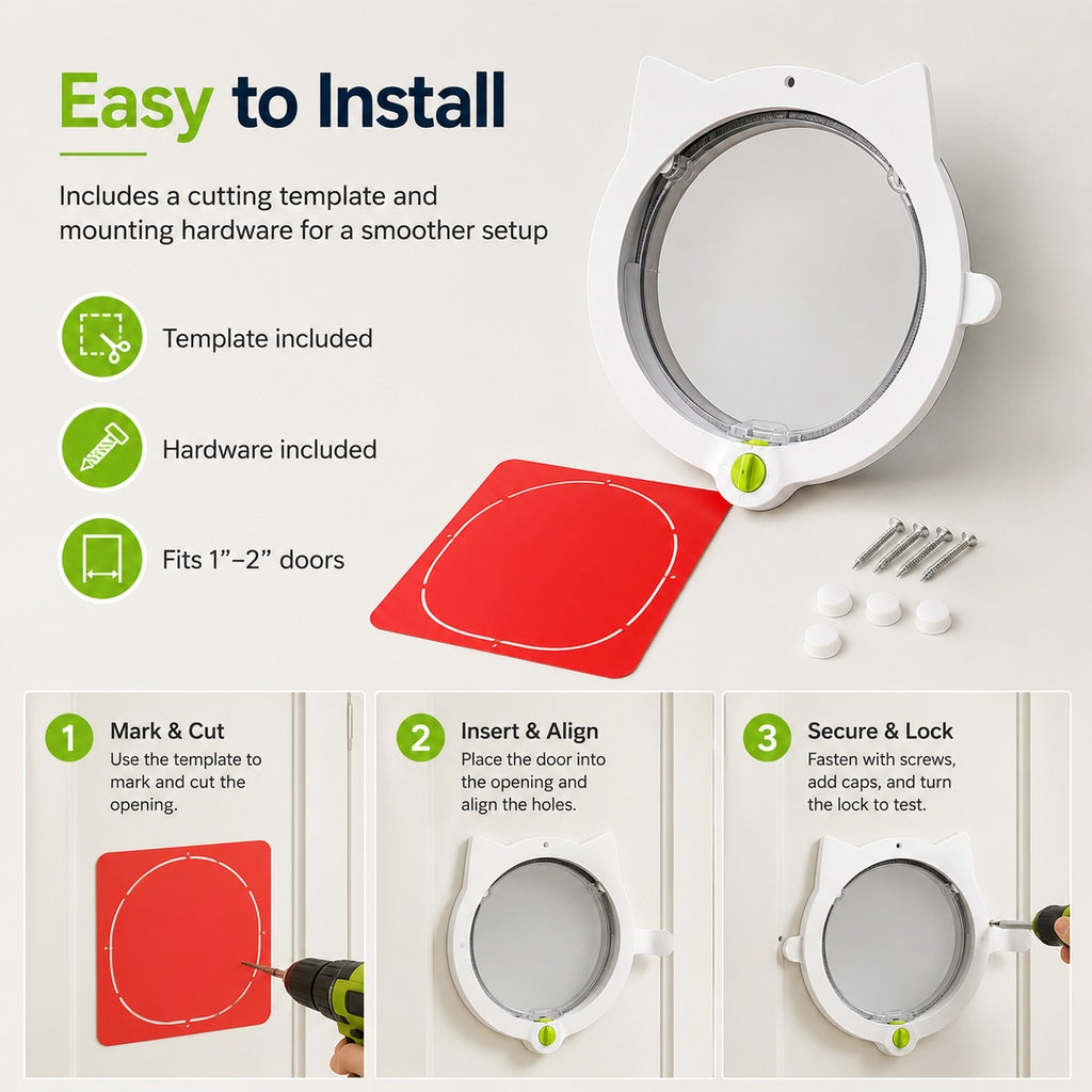 Malloren 4-Way Locking Interior Cat Door for Litter Box Cabinets & Rooms - Private Access Without Door Scratching