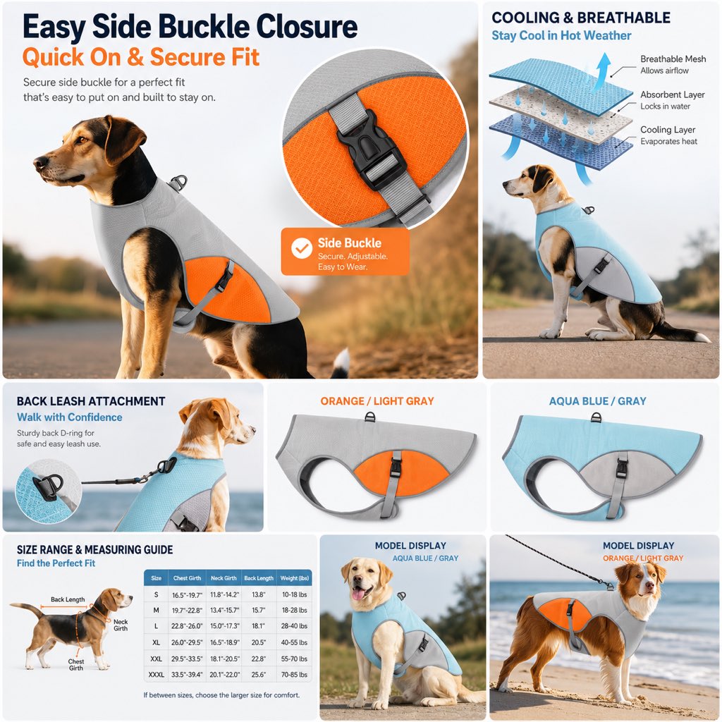 Malloren Dog Cooling Vest for Summer Walks - Wet-to-Cool Lightweight Jacket with Leash Ring for Hot Weather Outdoor Comfort