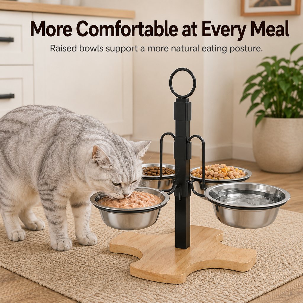 Malloren 4-Bowl Adjustable Elevated Pet Feeder for Cats & Small Dogs - Organized Food and Water Station
