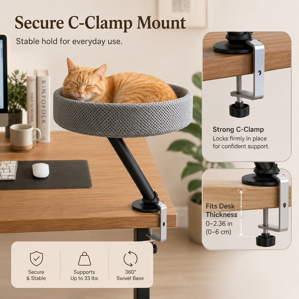 Malloren Desk Mounted Cat Bed Perch for Home Office - Space Saving Elevated Cat Lounger with Soft Breathable Fabric for Cats to Relax Beside Your Workspace