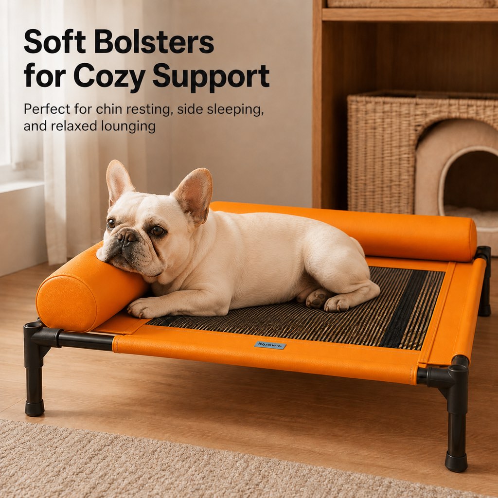 Malloren French Bulldog Elevated Dog Cot for All-Season Indoor Naps - Breathable Raised Pet Bed with Soft Bolsters for Cooler Rest & Easy Cleaning
