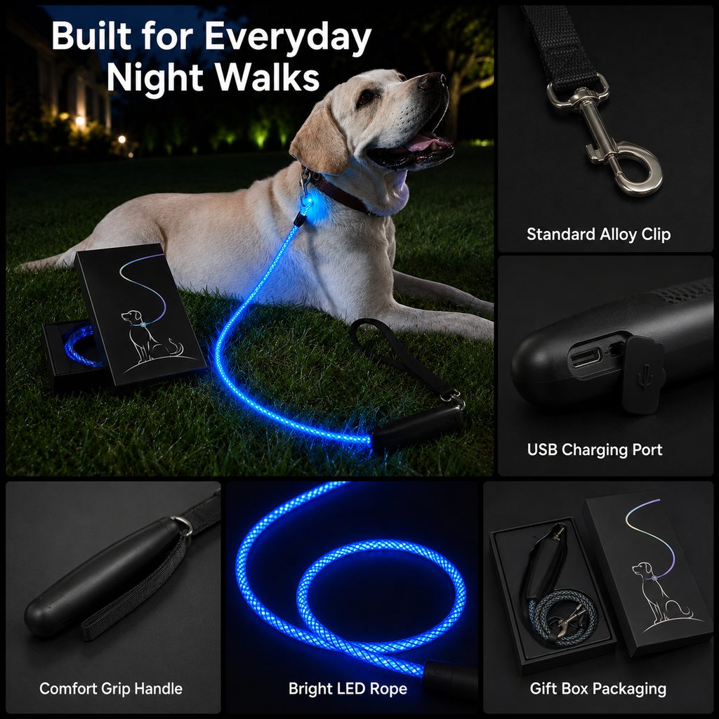 Malloren NightGlow LED Light-Up Dog Leash for Night Walks - USB Rechargeable Safety Leash That Helps Your Dog Stay Visible in the Dark
