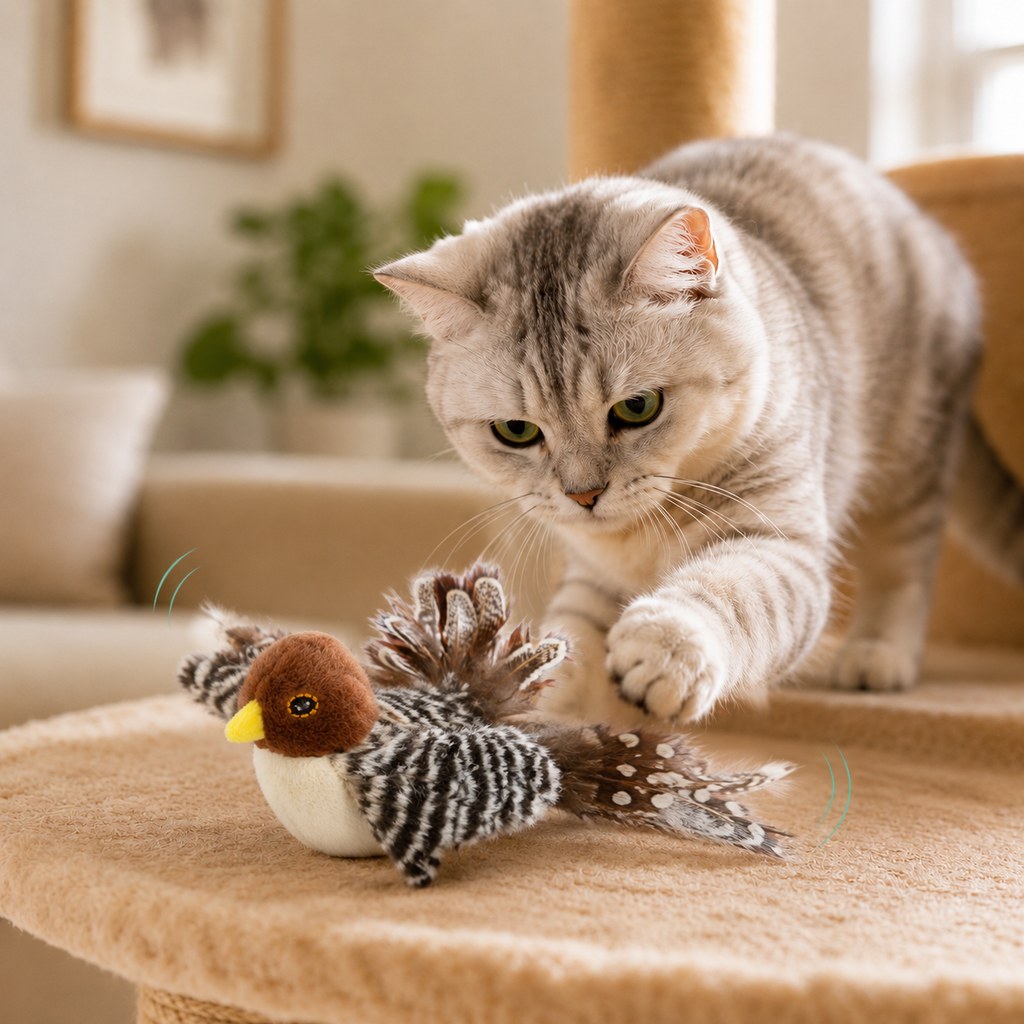 Malloren Rechargeable Interactive Cat Toy - Flapping Bird, Plush Animal & Motion Activated Toys for Indoor Cats