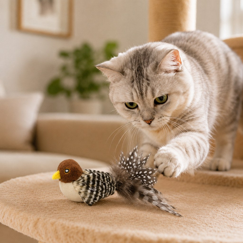 Malloren Rechargeable Interactive Cat Toy - Flapping Bird, Plush Animal & Motion Activated Toys for Indoor Cats