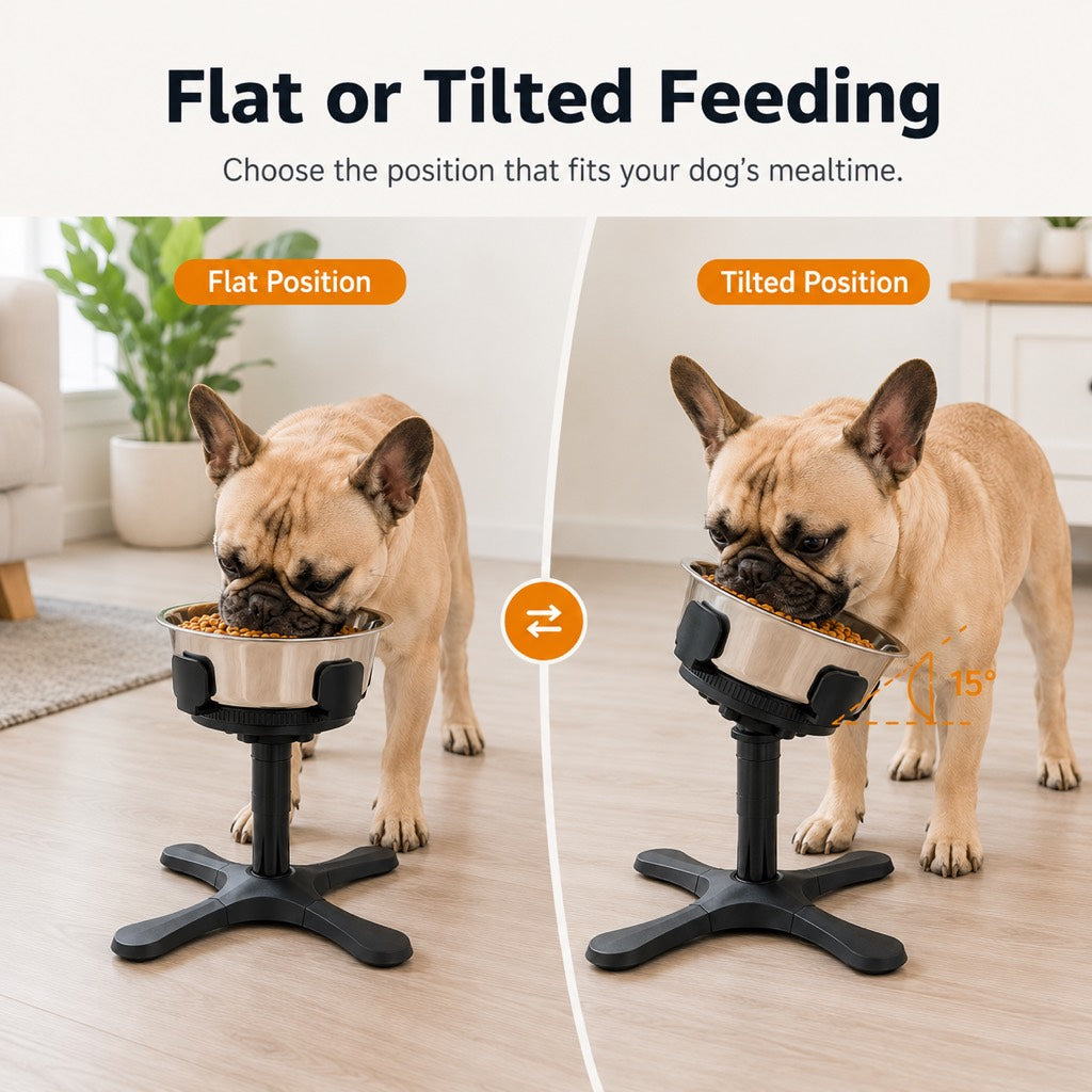 Malloren French Bulldog Adjustable Elevated Tilted Dog Bowl for Kitchen Feeding Corners - 3-Height Stand with Slow Feeder Insert to Reduce Neck Bending & Mess
