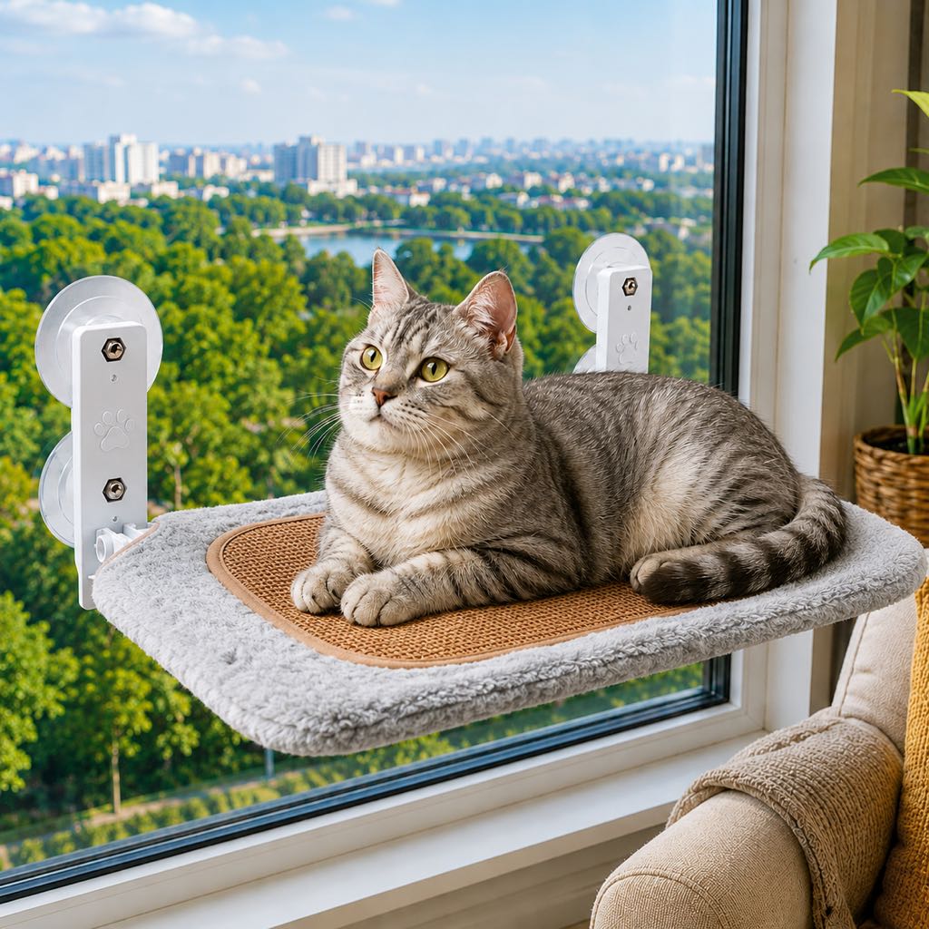 Malloren Foldable Cat Window Hammock for Apartments - No-Drill Suction Perch for Sunny Naps Without Taking Up Floor Space
